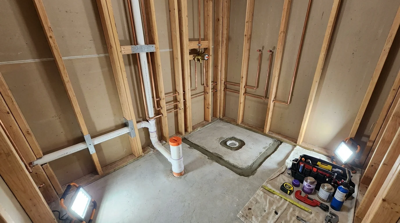 Bathroom rough-in plumbing during remodel by Johns Plumbing LLC in Ansonia