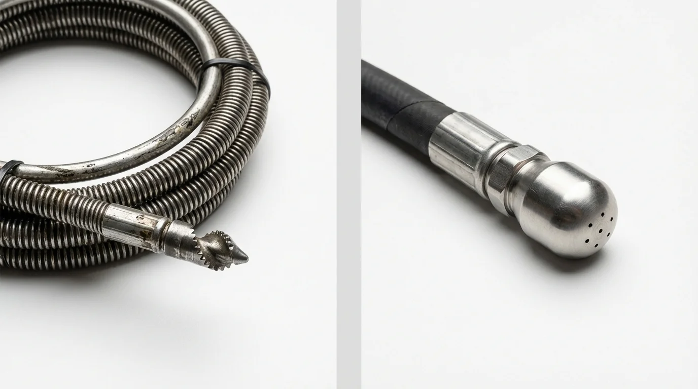 Drain snake cable and hydro jetting nozzle used for drain cleaning in Ansonia, OH