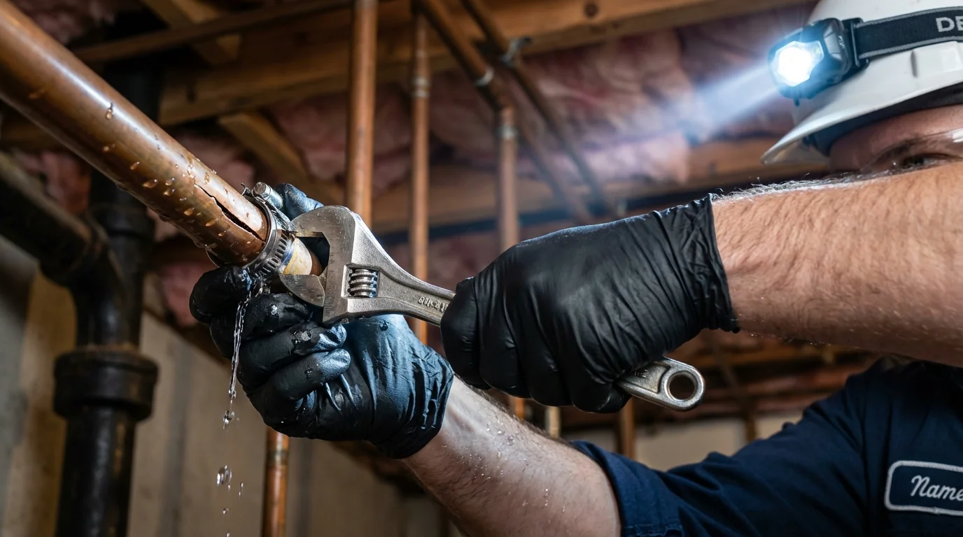 Emergency pipe clamp repair being performed by a Johns Plumbing LLC plumber in Ansonia