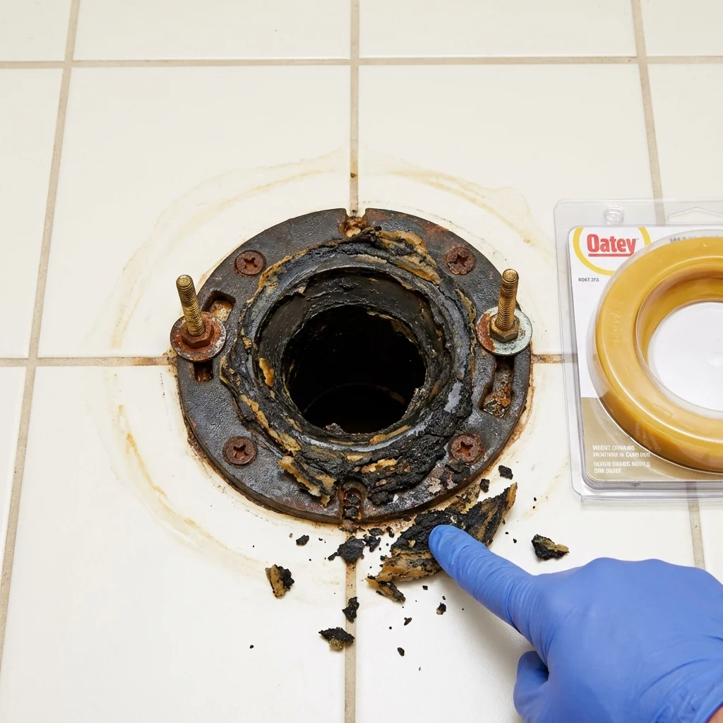 Failed wax ring showing water seepage at the base of a toilet in a Ansonia, OH home
