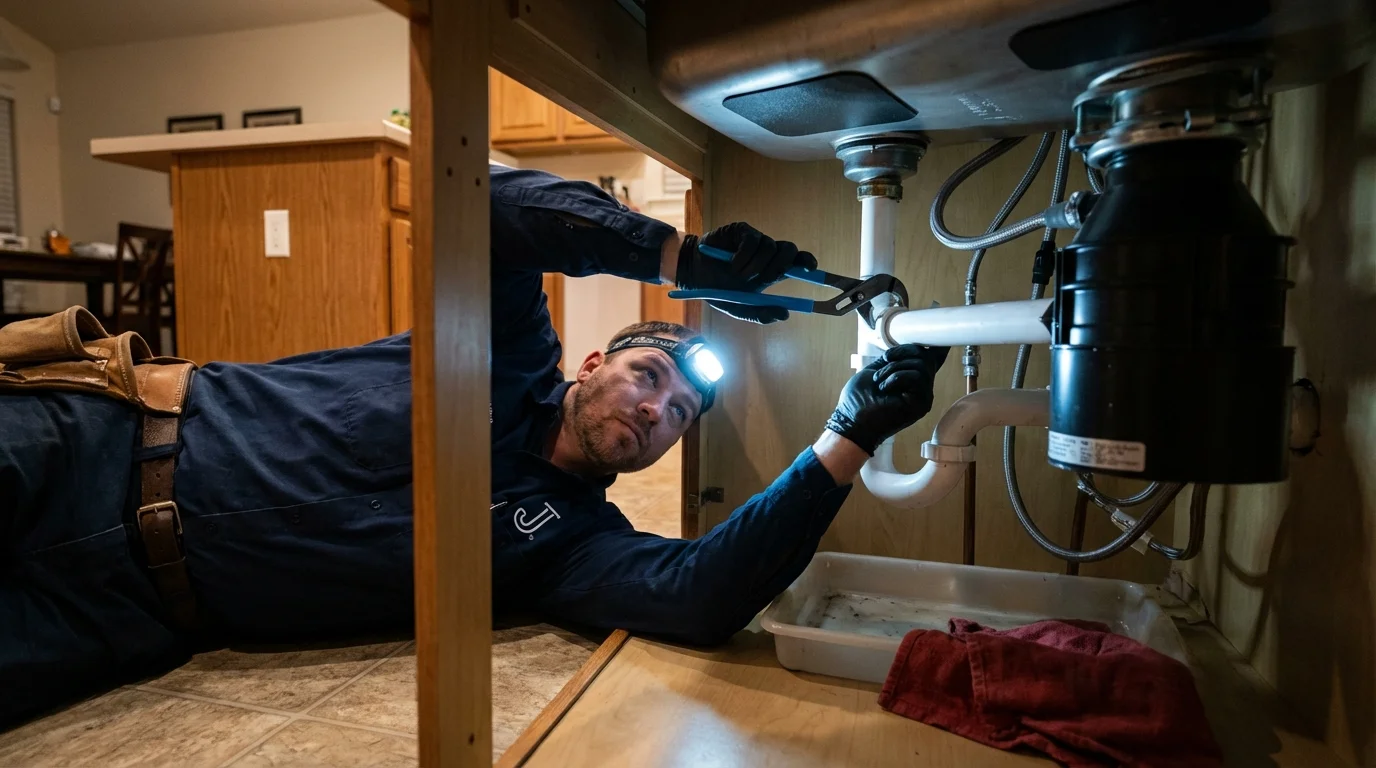 P-trap and supply line connections under a kitchen sink showing a common leak point in Ansonia, OH